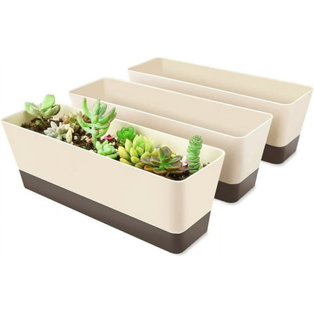 GIXUSIL Window Box Planter, 3 Pack 12x3.8 Inch Rec Herb Planter with Tray, Modern Indoor Small Succulent Cactus Plastic Plant Pot for Windowsill, Garden Balcony, Home Office Outdoor Decoration