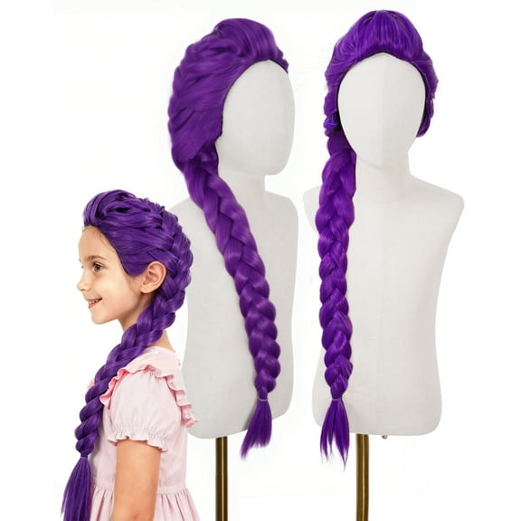 Girls Rumi Wigs Long Purple Straight Braided Big Braid Natural-Looking for Teens and Kids