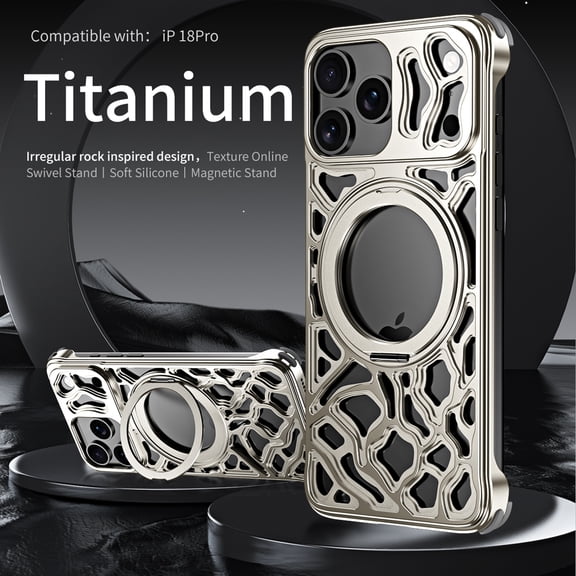 GJL Aluminum Alloy Phone Case for iPhone 18 Pro, Magnetic Shockproof Protective Cover with 360 Rotating Stand, Soft Silicone Corners, Titanium