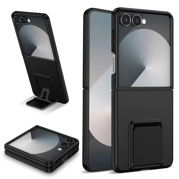 GJL Case for Samsung Galaxy Z Flip8, Rigid Plastic Shockproof Protective Cover with Adjustable Kickstand, Thickened Lens Frame Guard, Raised Edge Screen Protection, Black