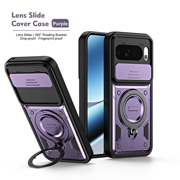GJL Dual Layer Case for Google Pixel 11 Pro XL, Shockproof Phone Cover with Slide Camera Lens Cover, 360 Rotatable Ring Kickstand, Purple
