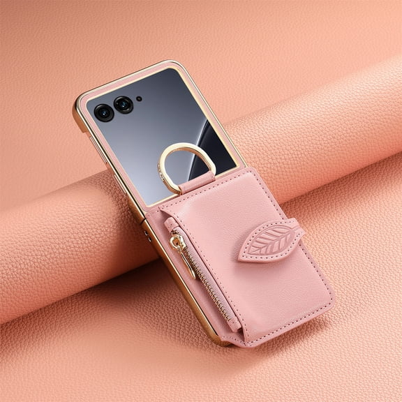 GJL Faux Leather Rigid Plastic Wallet Case for Motorola Razr Ultra (2026)/Razr Ultra (2025), Shockproof Cover with Rhinestone Ring Holder, Zipper Pocket and Built-in Makeup Mirror, Pink