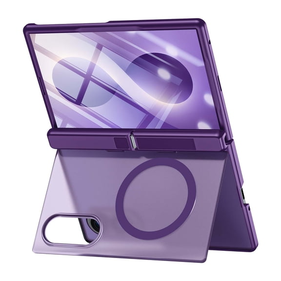 GJL Frosted Case for Samsung Galaxy Z Fold 8, Rigid Plastic Magnetic Phone Cover with Dual Kickstand, Built-in Tempered Glass Screen Protector and Hinge Protection, Purple