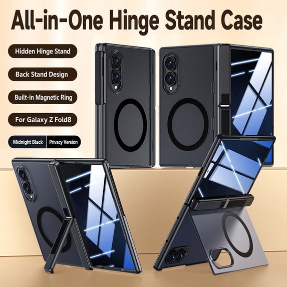 GJL Frosted Case for Samsung Galaxy Z Fold 8, Rigid Plastic Magnetic Phone Cover with Dual Kickstand, Built-in Tempered Glass Screen Protector and Hinge Protection, A