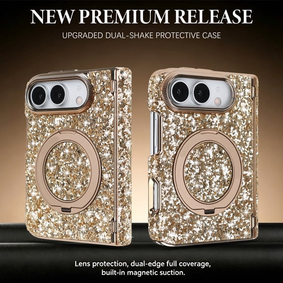GJL Luxury Glitter Magnetic Case for Apple iPhone Duo, Shockproof Full Hinge Protection Cover with 360 Ring Kickstand, Raised Screen and Camera Guard, Gold