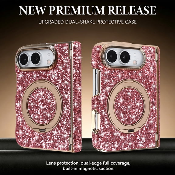GJL Luxury Glitter Magnetic Case for Apple iPhone Duo, Shockproof Full Hinge Protection Cover with 360 Ring Kickstand, Raised Screen and Camera Guard, Rose