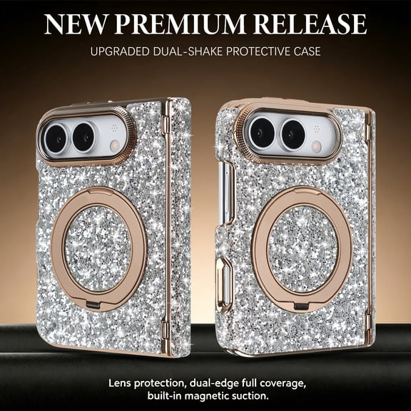 GJL Luxury Glitter Magnetic Case for Apple iPhone Duo, Shockproof Full Hinge Protection Cover with 360 Ring Kickstand, Raised Screen and Camera Guard, Silver