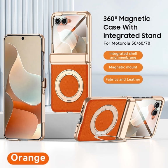 GJL Magnetic Case for Motorola Razr 2025/2026 Built-in Screen Protector, Woven Fabric Texture Rigid Plastic Cover with 360 Rotating Kickstand, Hinge Protection, Orange(Clear Screen)