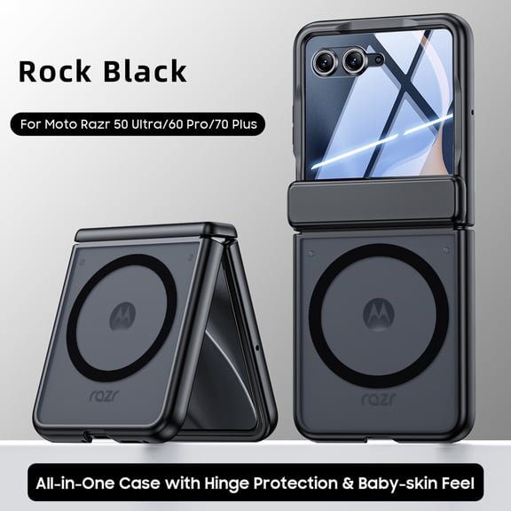 GJL Magnetic Case for Motorola Razr+ 2026/Razr+ 2025/Razr+ 2024, Frosted Rigid Plastic Cover with Built-in Tempered Glass Screen Protector, Hinge Protection, Raised Edge, Black(Clear Screen)