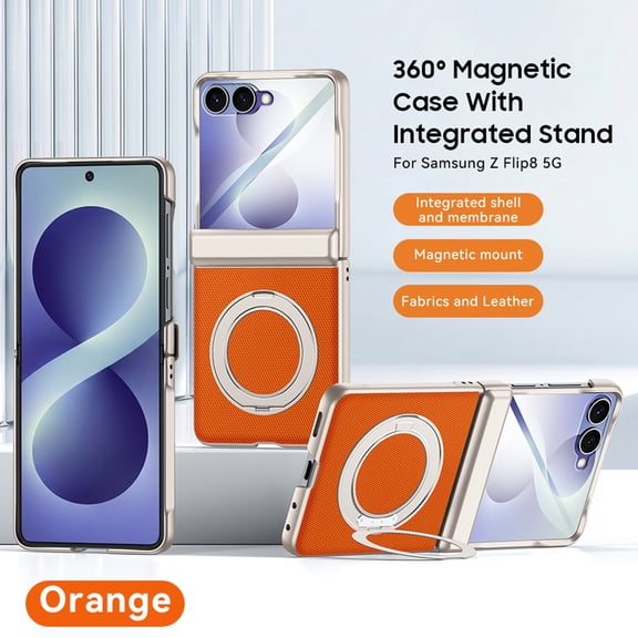 GJL Magnetic Case for Samsung Galaxy Z Flip8 Built-in Screen Protector, Woven Fabric Texture Rigid Plastic Cover with 360 Rotating Kickstand, Automatic Spring Hinge Protection, Orange(Clear Screen)