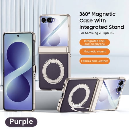 GJL Magnetic Case for Samsung Galaxy Z Flip8 Built-in Screen Protector, Woven Fabric Texture Rigid Plastic Cover with 360 Rotating Kickstand, Automatic Spring Hinge Protection, Purple(Clear Screen)