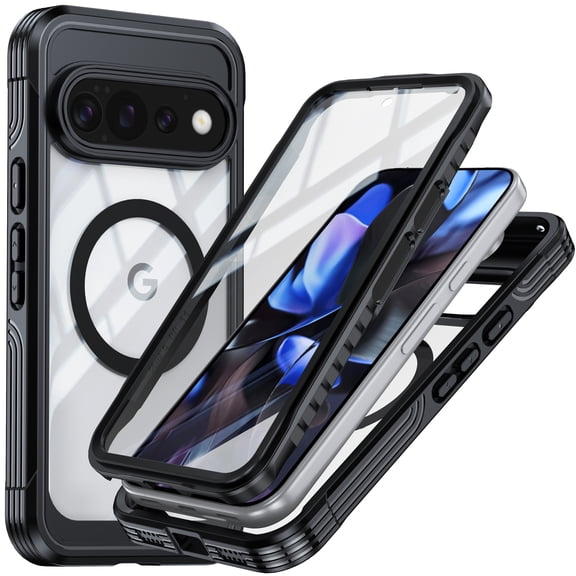 GJL Magnetic Case for Google Pixel 11 Pro, Heavy Duty Clear Shockproof Phone Cover with Built-in 9H Screen Protector, Water Resistant, Black