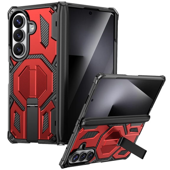 GJL Magnetic Case for Samsung Galaxy Z Fold 7, Shockproof Phone Cover with Aluminum Kickstand, Hinge Protection, Red