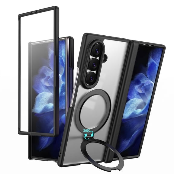 GJL Magnetic Clear Case for Samsung Galaxy Z Fold 7, Rigid Plastic Cover with 360 Rotating Ring Kickstand, Built-in Screen Protector and Hinge Guard, Black