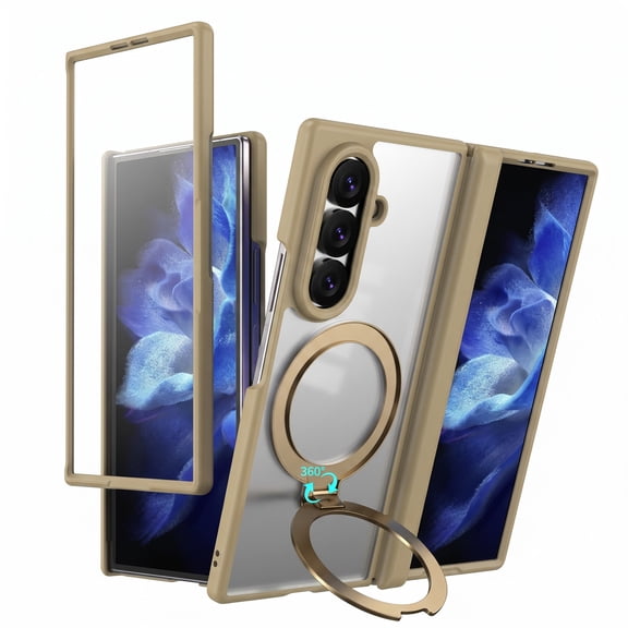 GJL Magnetic Clear Case for Samsung Galaxy Z Fold8 Ultra, Rigid Plastic Cover with 360 Rotating Ring Kickstand, Built-in Screen Protector and Hinge Guard, Gold