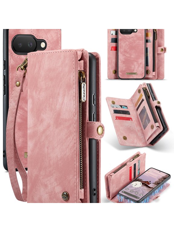 Retro 2-in-1 Magnetic Wallet Case for Google Pixel 11 Pro XL, Shockproof Faux Leather TPU Detachable Flip Cover with Zipper Pocket, Wristlet Strap, 8 Card Slots, Pink