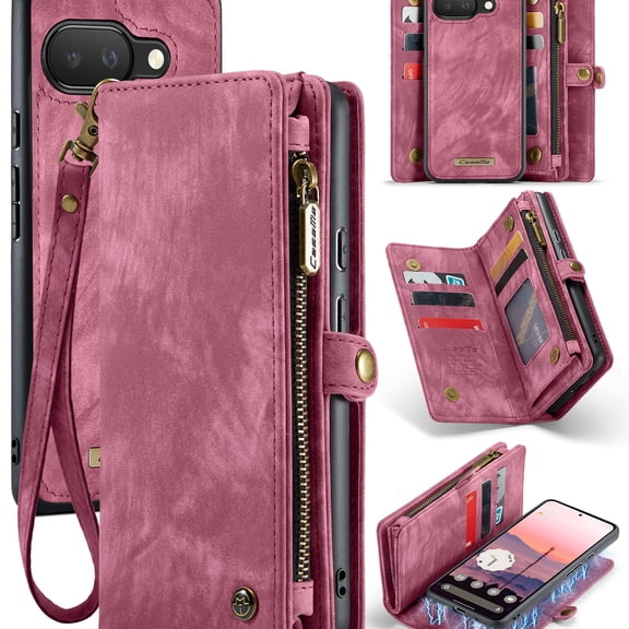 GJL Retro 2-in-1 Magnetic Wallet Case for Google Pixel 11 Pro XL, Shockproof Faux Leather TPU Detachable Flip Cover with Zipper Pocket, Wristlet Strap, 8 Card Slots, Red