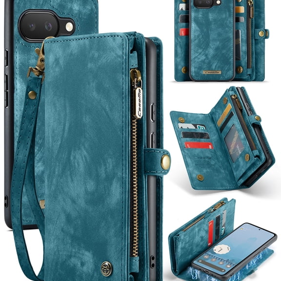 GJL Retro 2-in-1 Magnetic Wallet Case for Google Pixel 11 Pro XL, Shockproof Faux Leather TPU Detachable Flip Cover with Zipper Pocket, Wristlet Strap, 8 Card Slots, Green