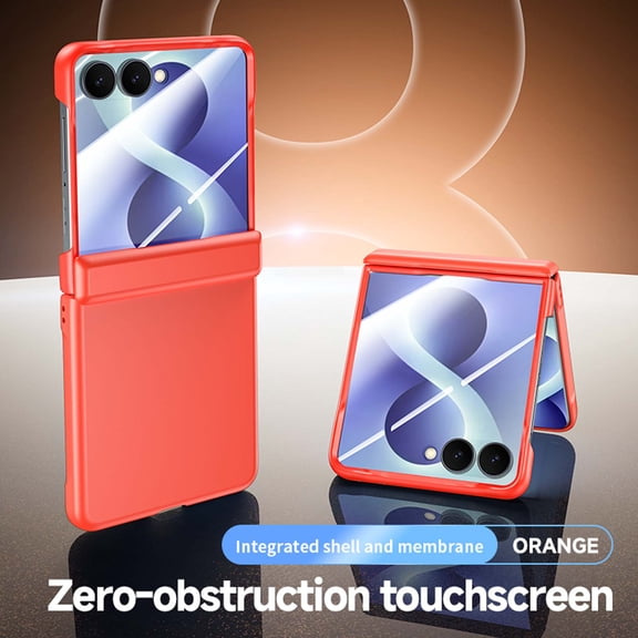 GJL Shockproof Case for Samsung Galaxy Z Flip8, Rigid Plastic Protective Phone Cover with Built-in Tempered Glass Screen Protector, Central Axis Hinge Protection and Raised Edge Camera Guard, Orange