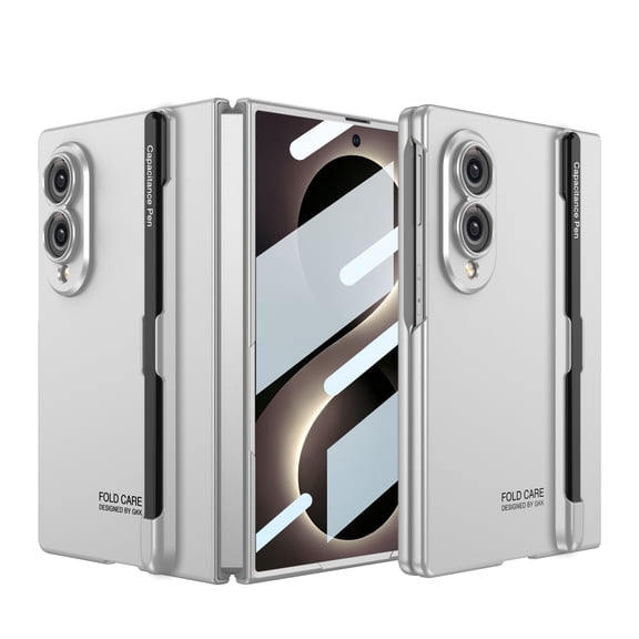 GJL Ultra Thin Shockproof Case for Samsung Galaxy Z Fold8, Rigid Plastic Slim Protective Cover with Built-in Stylus Pen and Slot Holder, Integrated Tempered Glass Screen Protector, Silver