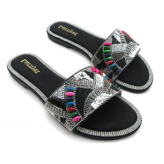 GJPBGK Women’s Rhinestone Slide Sandals Sparkly Open Toe Flats for Summer, Beach, Casual & Dressy Outfits, Size 6-10