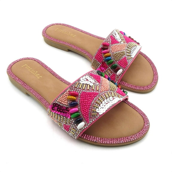 GJPBGK Glitter Open-Toe Flat Sandals for Women - Rhinestone Slip-Ons, Perfect for Summer Parties and Daily Wear, Sizes 6-10