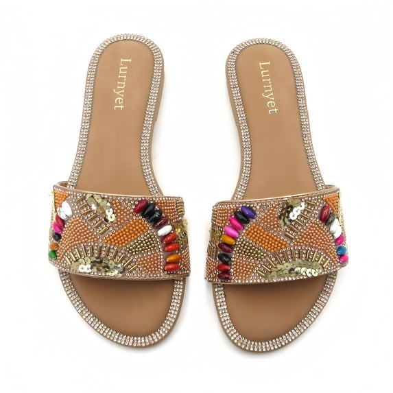 GJPBGK Women’s Embellished Slide Sandals Open Toe Flat Sandals Rhinestone Beaded Slip On Summer Sandals Fashion Casual Sandals for Beach, Vacation & Daily Wear