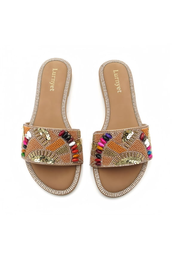 Women’s Embellished Slide Sandals Open Toe Flat Sandals Rhinestone Beaded Slip On Summer Sandals Fashion Casual Sandals for Beach, Vacation & Daily Wear