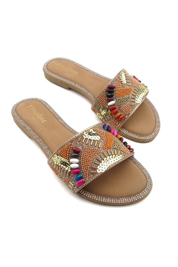 Women’s Embellished Slide Sandals Open Toe Flat Sandals Rhinestone Beaded Slip On Summer Sandals Fashion Casual Sandals for Beach, Vacation & Daily Wear