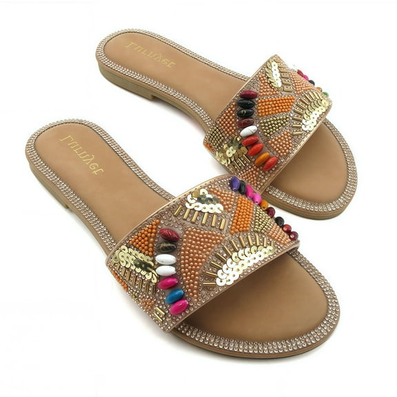 GJPBGK Women’s Rhinestone Slide Sandals Sparkly Open Toe Flats for Summer, Beach, Casual & Dressy Outfits, Size 6-10