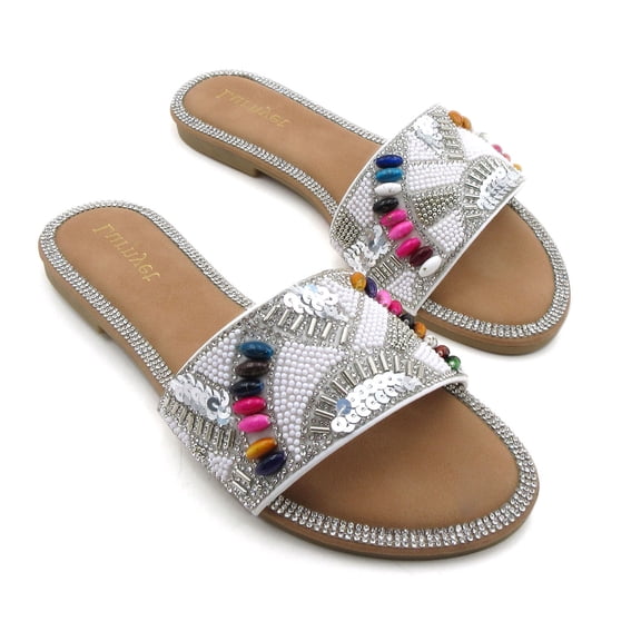 GJPBGK Women’s Embellished Slide Sandals Open Toe Flat Sandals Rhinestone Beaded Slip On Summer Sandals Fashion Casual Sandals for Beach, Vacation & Daily Wear