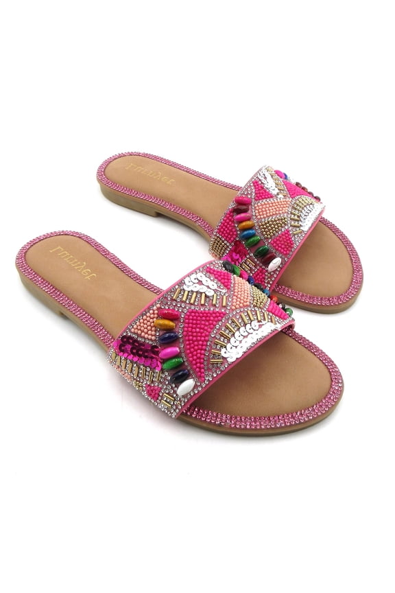 Women’s Embellished Slide Sandals Open Toe Flat Sandals Rhinestone Beaded Slip On Summer Sandals Fashion Casual Sandals for Beach, Vacation & Daily Wear