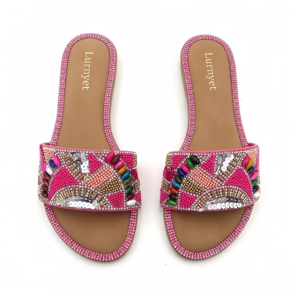 GJPBGK Womenâs Embellished Slide Sandals Open Toe Flat Sandals Rhinestone Beaded Slip On Summer Sandals Fashion Casual Sandals for Beach, Vacation & Daily Wear