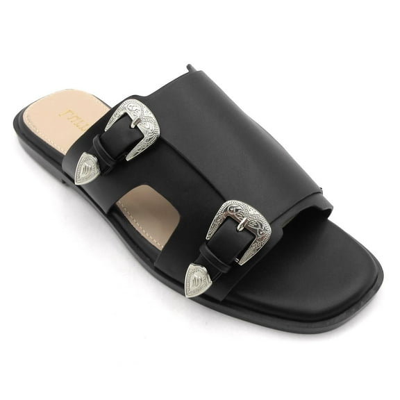 GJPBGK Women Flat Slide Sandals Slide Sandals Cushioned Footbed Slip-On Sandals with Grip Sole for Daily Walking, Weekend Errands & Summer Outfits