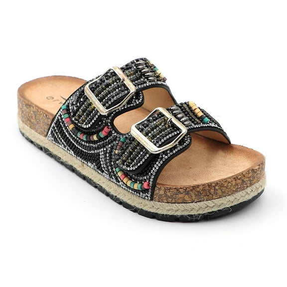 GJPBGK Women Sandals Women Double Buckle Slide Sandals Comfortable Cushion Insole Non-Slip Rubber Sole Good for Shopping, Parties & Casual Outings