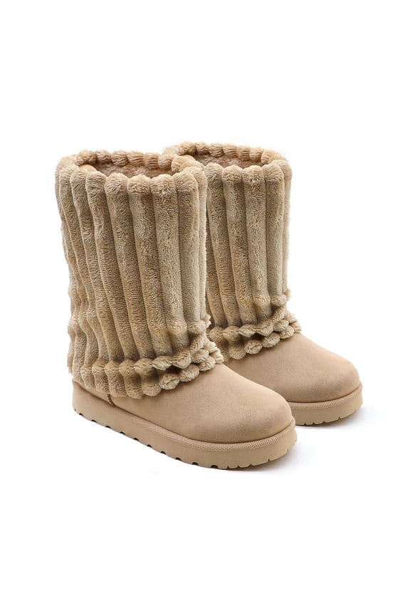 Women Winter Snow Boots Faux-Fur Lined Warm Mid Calf Suede Platform Flat Outdoor Fashion Fur Boots