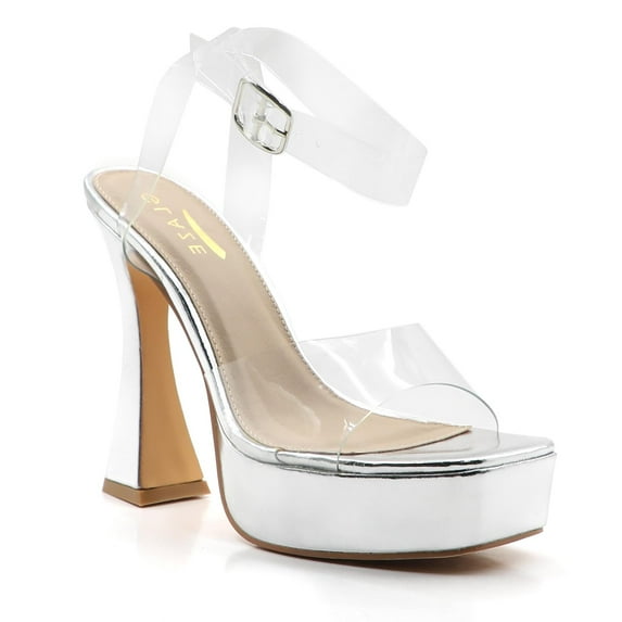 GJPBGK Women Platform Stiletto Heels Clear Strap Sandals with Flared Heel and Gold Buckles Comfortable Thick Sole Heel for Daily Wear