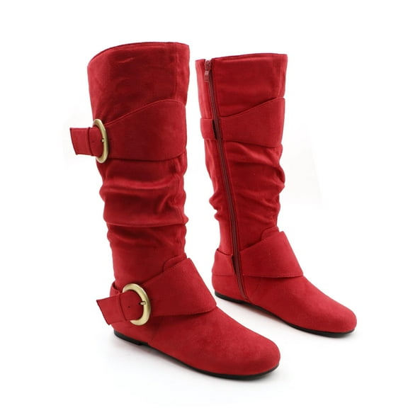 GJPBGK Women’s Boots Knee High Slouchy Boots Suede Faux Fur Lined Side Zipper Buckle Winter Fashion Boots