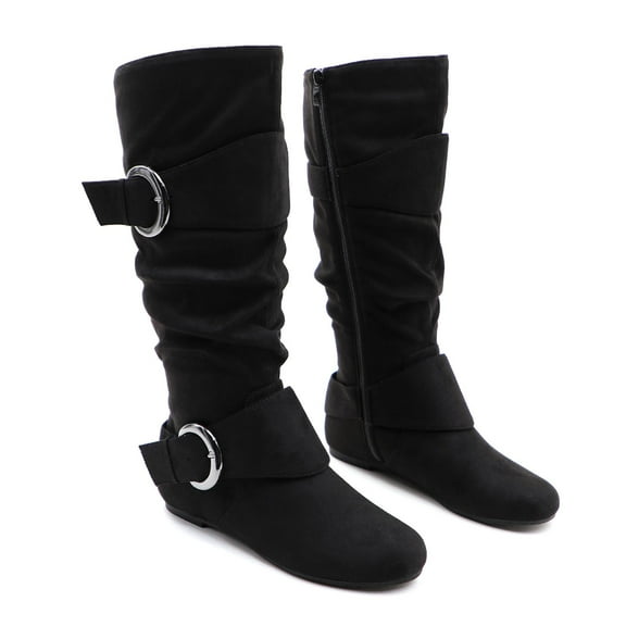 GJPBGK Women’s Boots Knee High Slouchy Boots Suede Faux Fur Lined Side Zipper Buckle Winter Fashion Boots