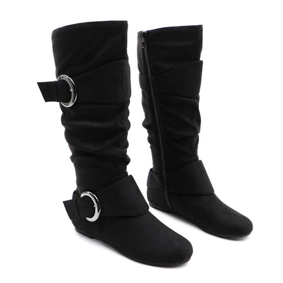 GJPBGK Women’s Boots Knee High Slouchy Boots Suede Faux Fur Lined Side Zipper Buckle Winter Fashion Boots