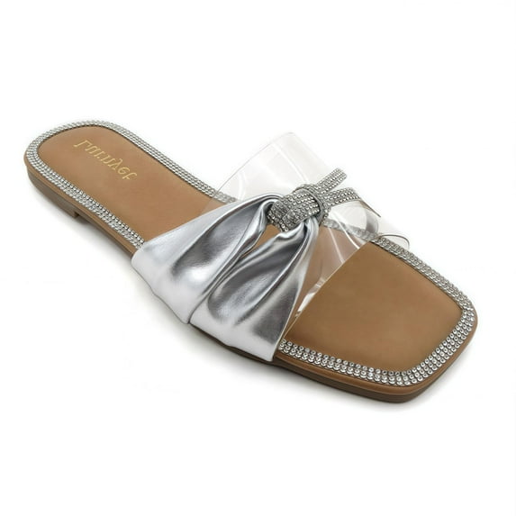GJPBGK Women’s Flat Sandals Bow Slide Sandals Square Toe Summer Slip-On Shoes with Clear Straps for Party or Casual Wear