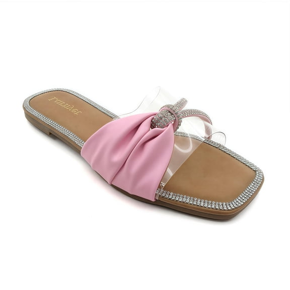 GJPBGK Women’s Flat Sandals Bow Slide Sandals Square Toe Summer Slip-On Shoes with Clear Straps for Party or Casual Wear