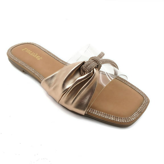 GJPBGK Women’s Flat Sandals Bow Slide Sandals Square Toe Summer Slip-On Shoes with Clear Straps for Party or Casual Wear