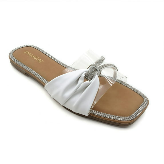 GJPBGK Women’s Flat Sandals Bow Slide Sandals Square Toe Summer Slip-On Shoes with Clear Straps for Party or Casual Wear