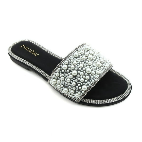 GJPBGK Women's Lustrous Pearl Flat Sandals - Glitter Rhinestone Jewelry Slip-On Slippers, Round Toe Open-Toe Casual Beach Wedding Shoes, Comfortable Summer Sandals for Women, Sizes 6-10