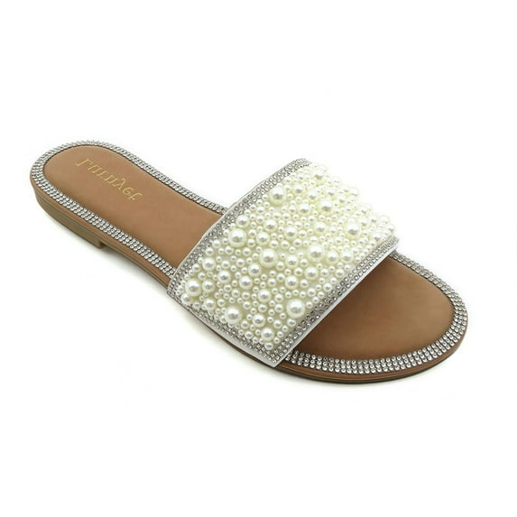 GJPBGK Women's Lustrous Pearl Flat Sandals - Glitter Rhinestone Jewelry Slip-On Slippers, Round Toe Open-Toe Casual Beach Wedding Shoes, Comfortable Summer Sandals for Women, Sizes 6-10