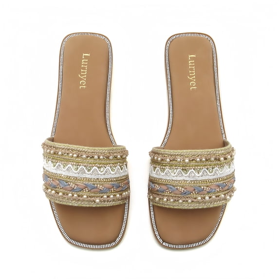 GJPBGK Women's Pearl Beaded Slide Sandals Casual Summer Flat Sandals Fashion Embellished Slip-On Sandals Comfortable Open Toe Slippers for Beach Travel & Everyday Wear