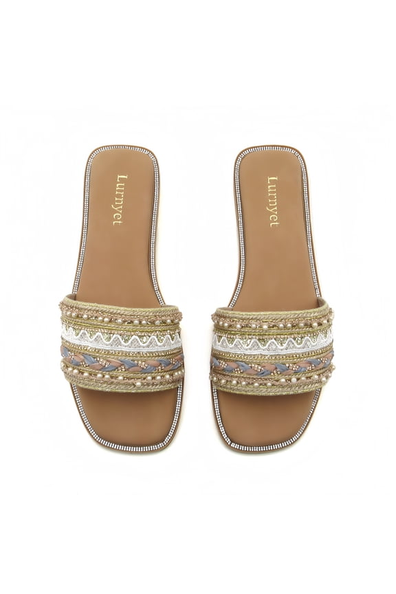 Women's Pearl Beaded Slide Sandals Casual Summer Flat Sandals Fashion Embellished Slip-On Sandals Comfortable Open Toe Slippers for Beach Travel & Everyday Wear