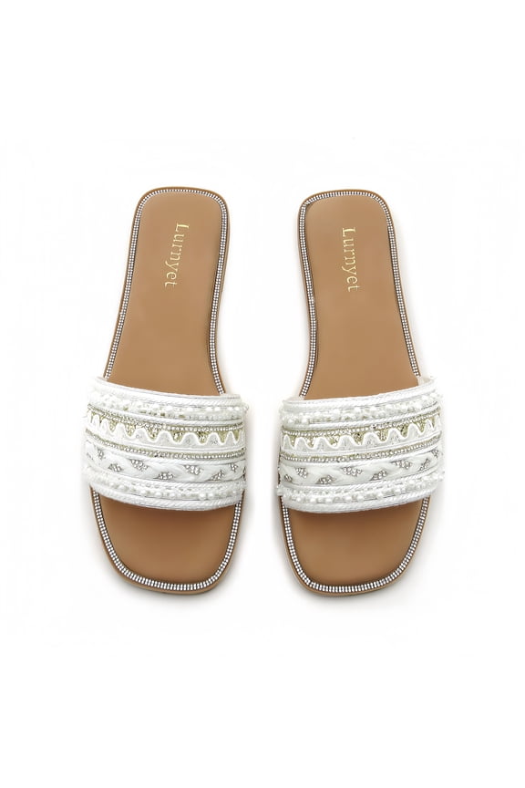 Women's Pearl Beaded Slide Sandals Casual Summer Flat Sandals Fashion Embellished Slip-On Sandals Comfortable Open Toe Slippers for Beach Travel & Everyday Wear