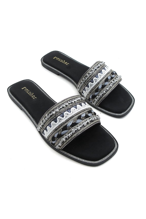 Women's Pearl Beaded Slide Sandals Casual Summer Flat Sandals Fashion Embellished Slip-On Sandals Comfortable Open Toe Slippers for Beach Travel & Everyday Wear